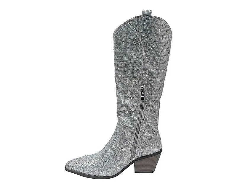 All Over Rhinestone Calf Length Zip Boots