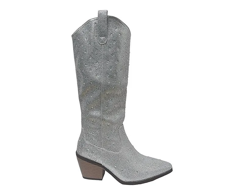 All Over Rhinestone Calf Length Zip Boots