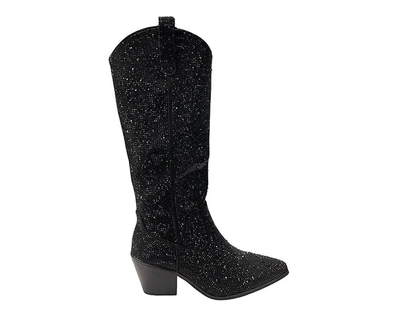 All Over Rhinestone Calf Length Zip Boots