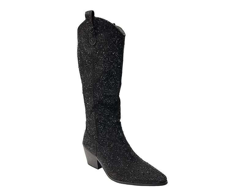 All Over Rhinestone Calf Length Zip Boots