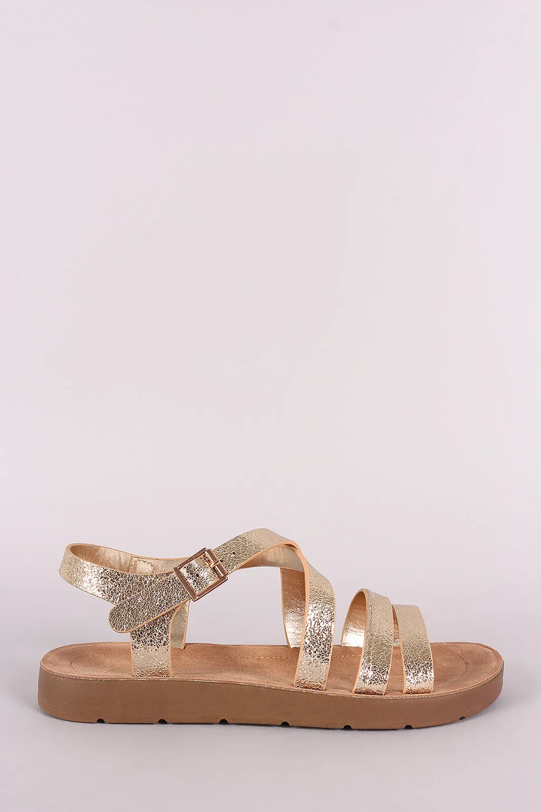 Bamboo Cracked Metallic Double Band Crisscross Flat Sandal