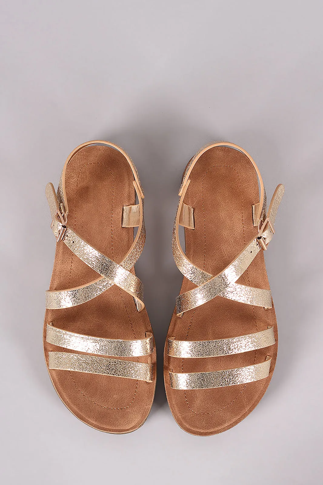 Bamboo Cracked Metallic Double Band Crisscross Flat Sandal