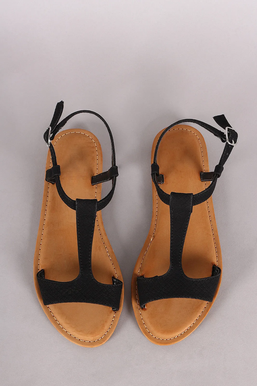 Bamboo Snake Embossed T-Strap Open Toe Flat Sandal