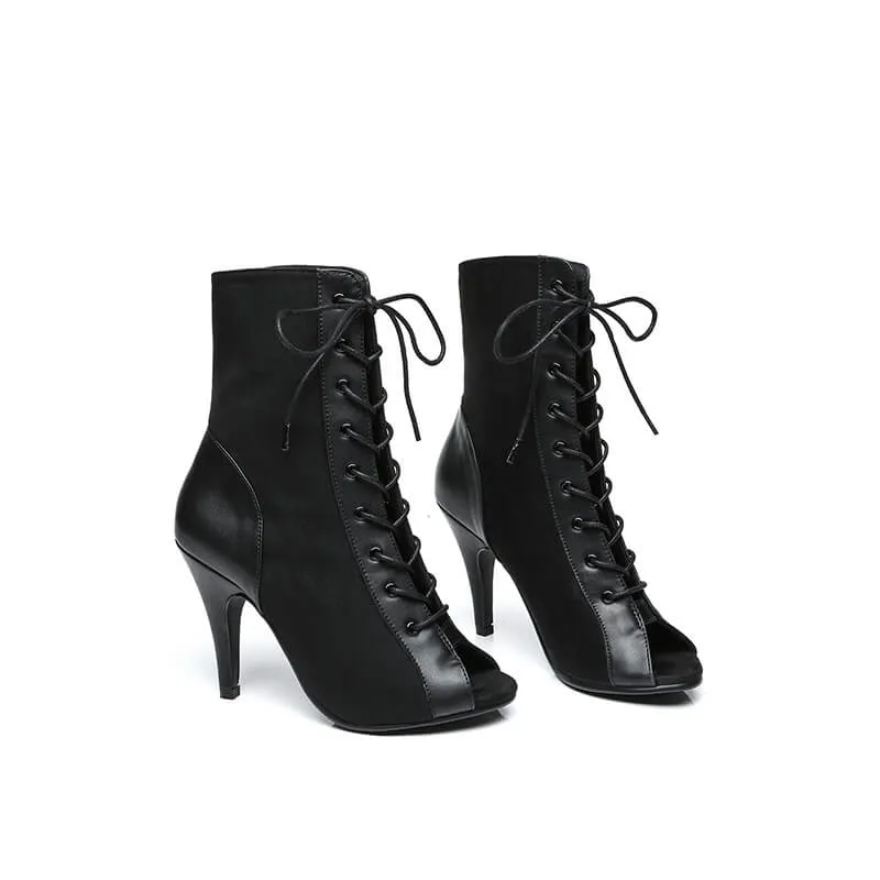 Black Suede Lace up Peep Toe Sandals Boots