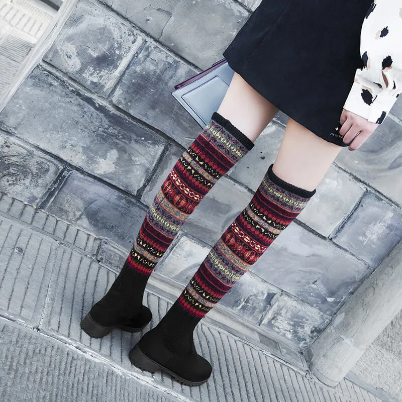 Black Suede Patchwork Folk-custom Over Knee Boots