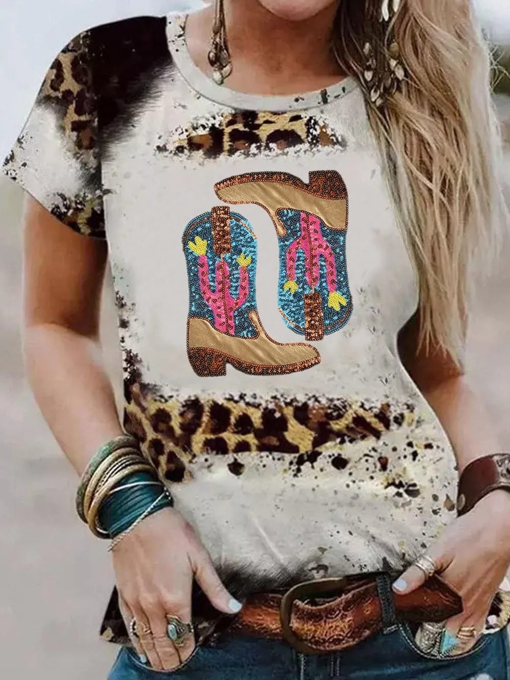 Bohemian Cowboy Boots Graphic Tee with Sequin Detail