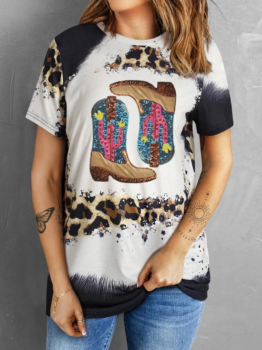 Bohemian Cowboy Boots Graphic Tee with Sequin Detail