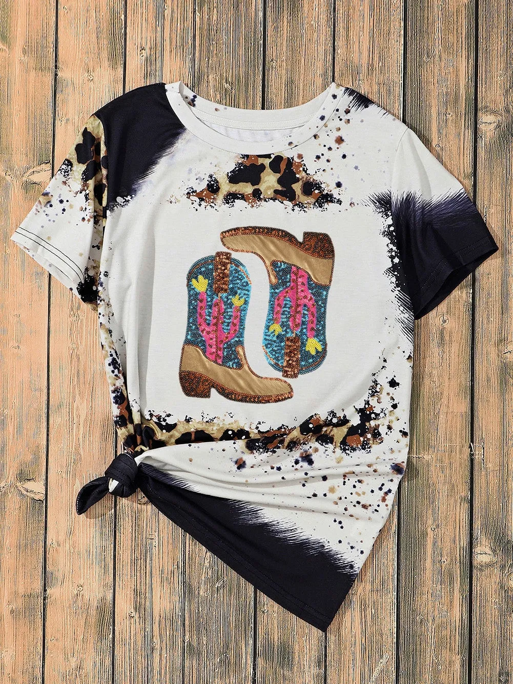 Bohemian Cowboy Boots Graphic Tee with Sequin Detail