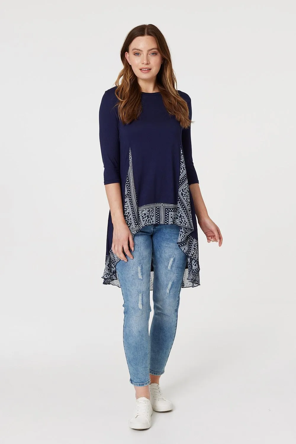 Border Print Drop Hem Tunic Top