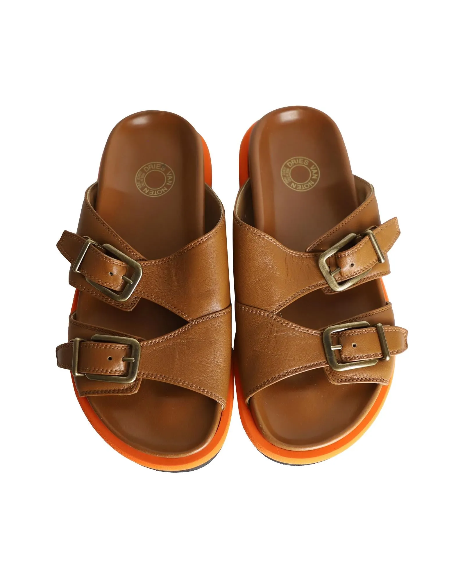 Buckled Slides in Tan Leather