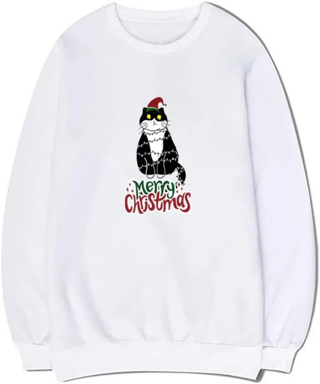 CORIRESHA Teen Cute Christmas Cat Crew Neck Long Sleeve Cozy Pullover Sweatshirt