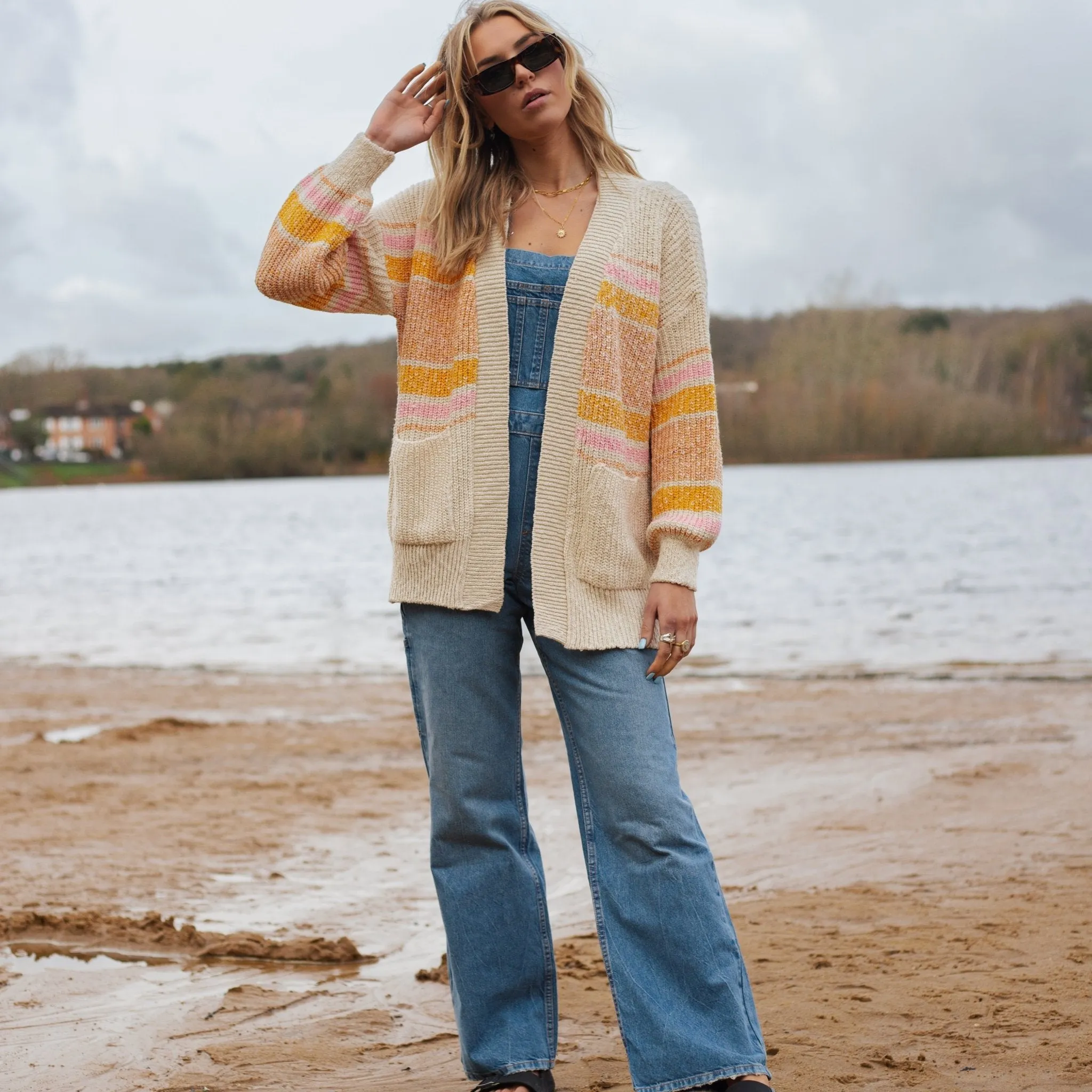 Dani Recycled Cotton Blend Chunky Balloon Sleeve Stripe Cardigan - White