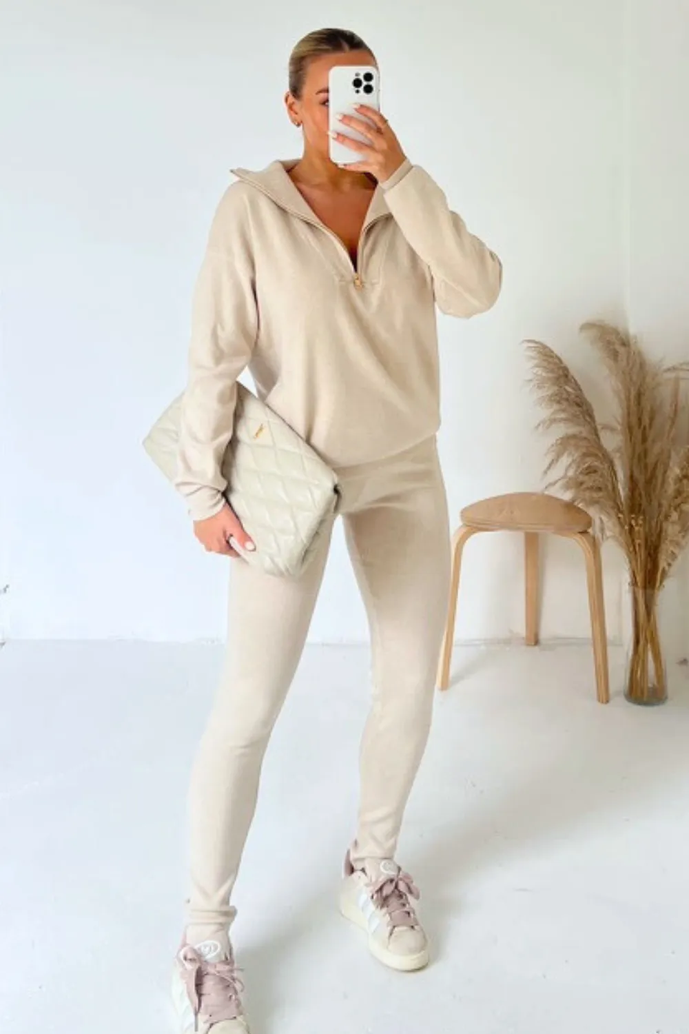 Delilah cream 1/4 zip knitted sweater loungewear set