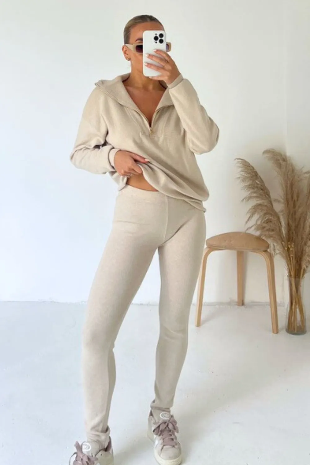 Delilah cream 1/4 zip knitted sweater loungewear set