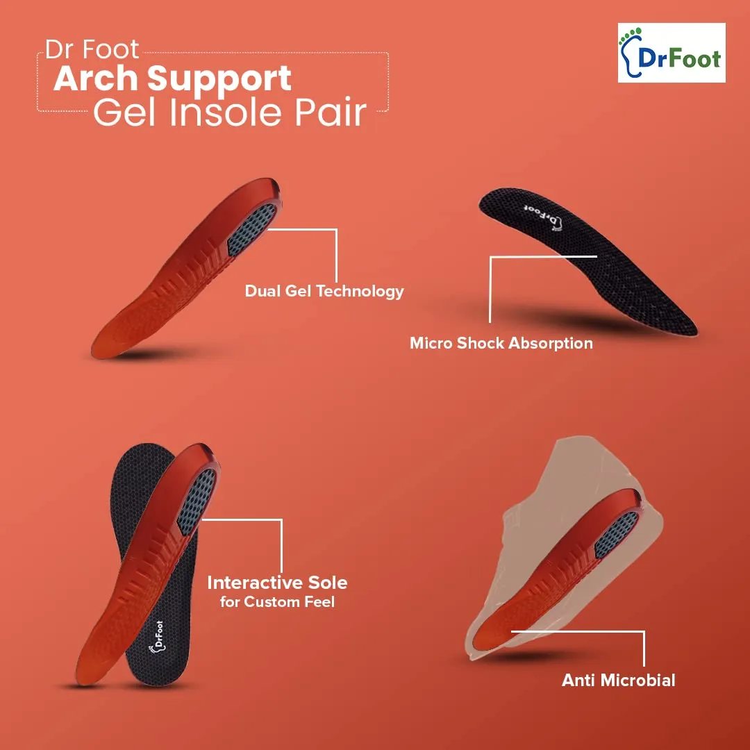 Dr Foot Arch Support Gel Insole Pair | For All-Day Comfort | Shoe Inserts for Flat Feet, High Arch, Foot Pain | Full-Length Orthotics | For Men & Women – 1 Pair (Large Size) (Pack of 3)