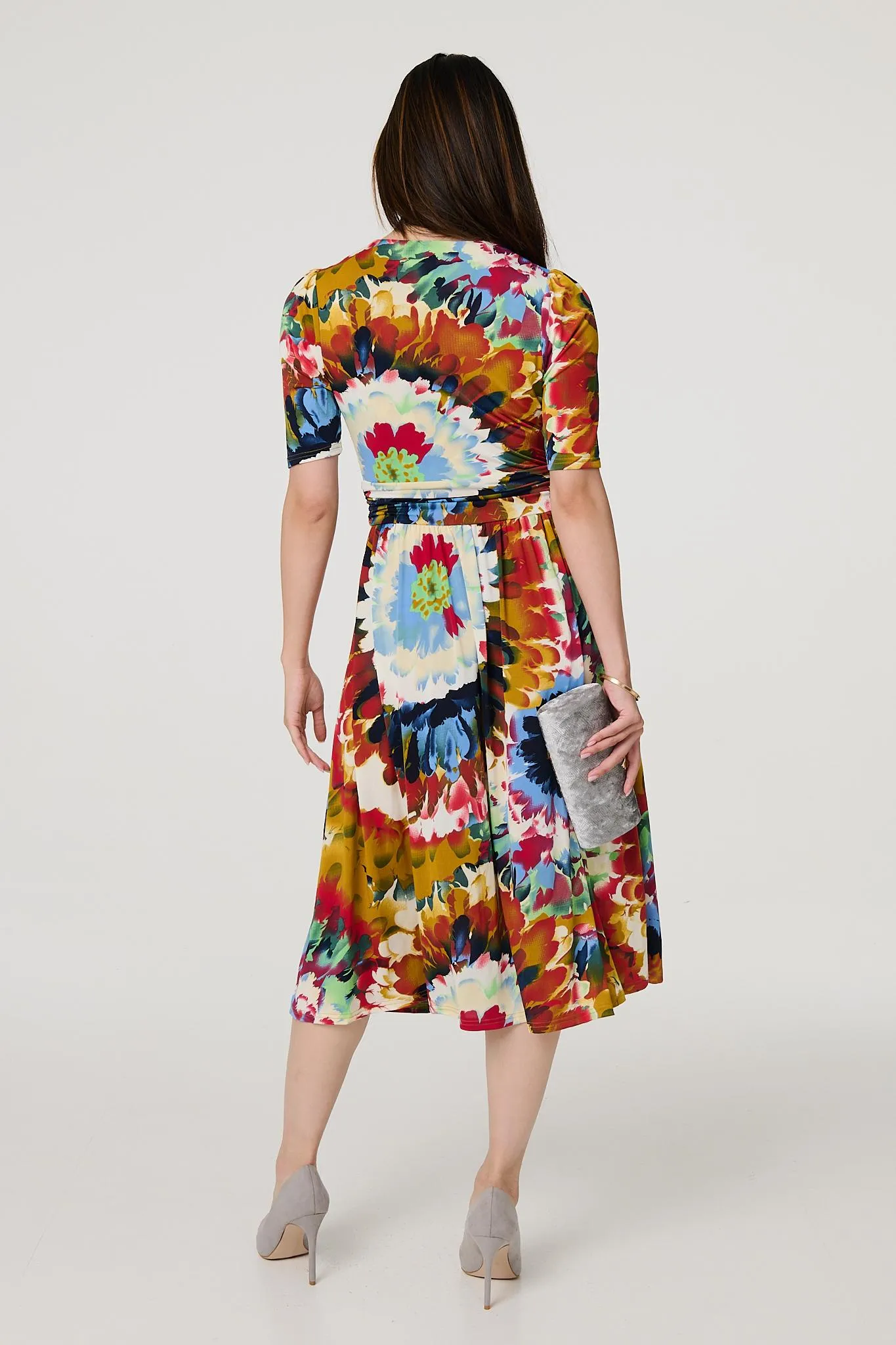 Floral 1/2 Sleeve Midi Faux Wrap Dress