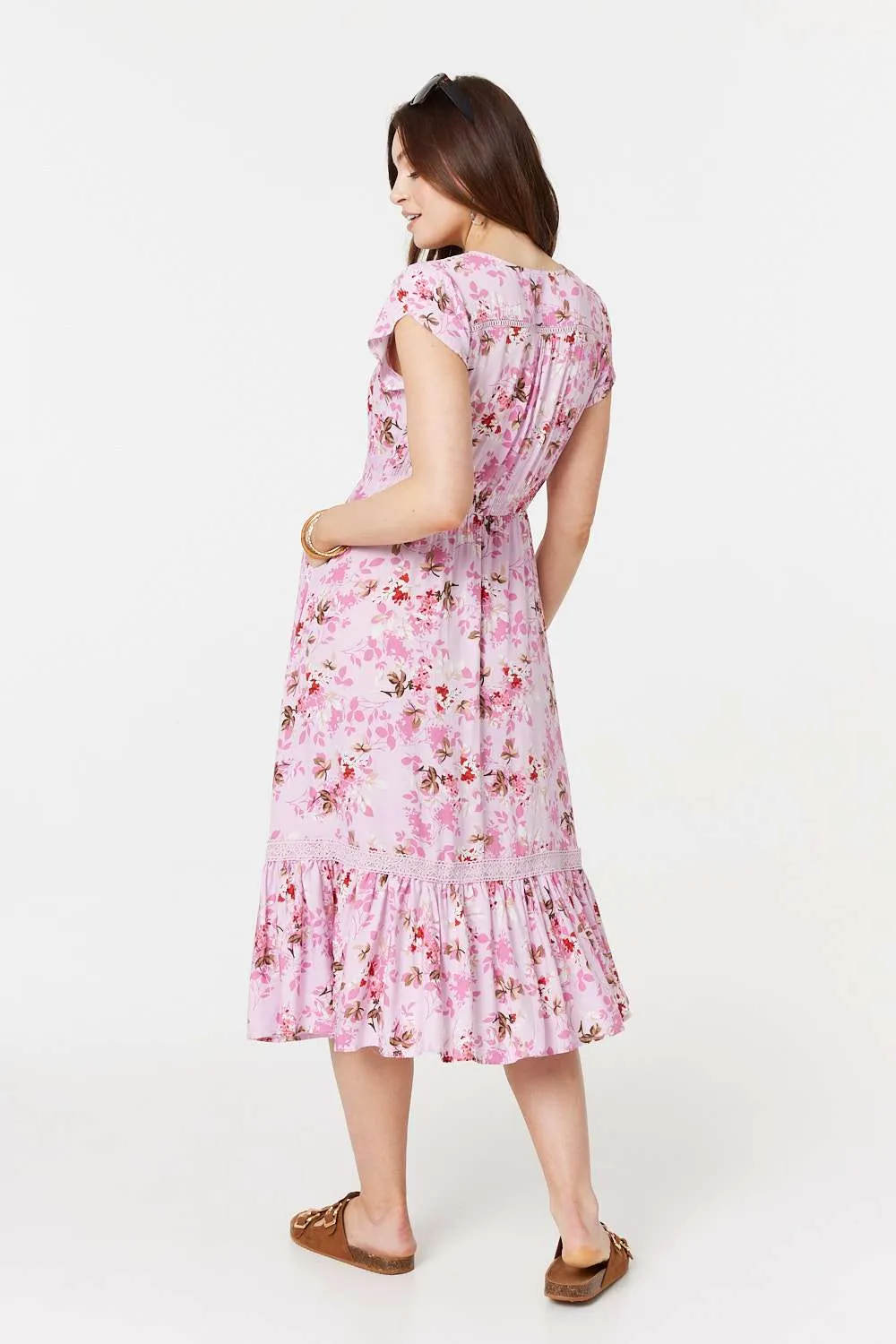 Floral Print Cap Sleeve Midi Dress