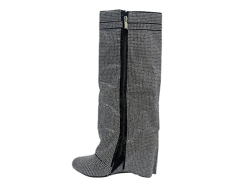 Fold Over Padlock Rhinestone Knee High Wedge Boots