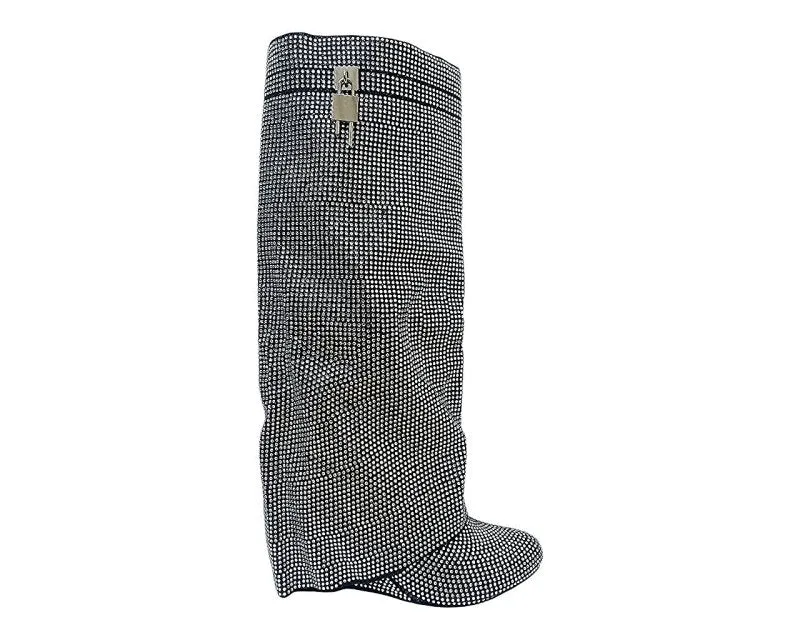 Fold Over Padlock Rhinestone Knee High Wedge Boots