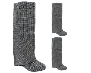 Fold Over Padlock Rhinestone Knee High Wedge Boots