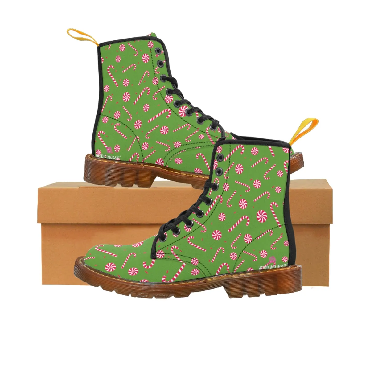 Green Christmas Women's Canvas Boots, Best Red Candy Cane Print Winter Boots For Women (US Size 6.5-11)