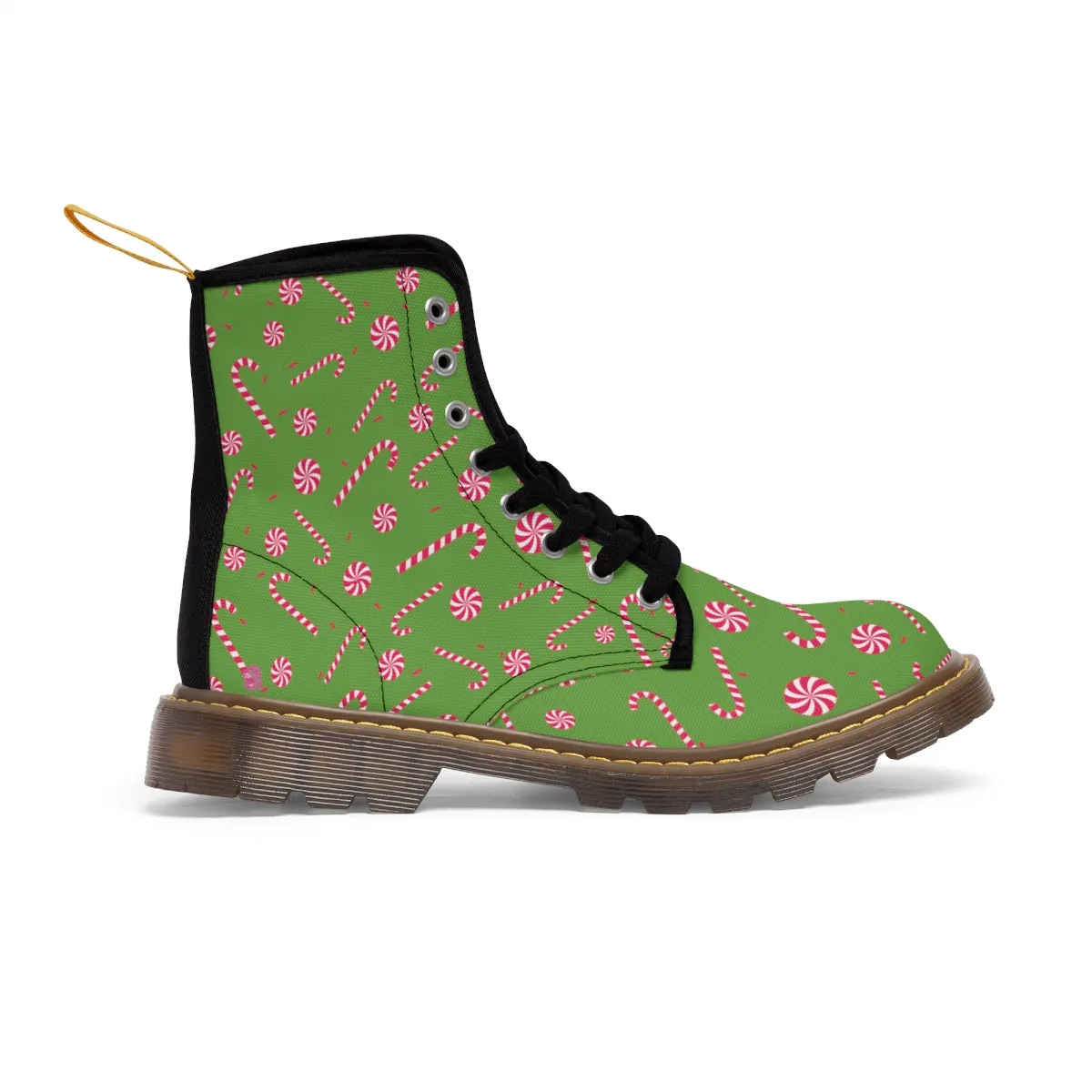 Green Christmas Women's Canvas Boots, Best Red Candy Cane Print Winter Boots For Women (US Size 6.5-11)