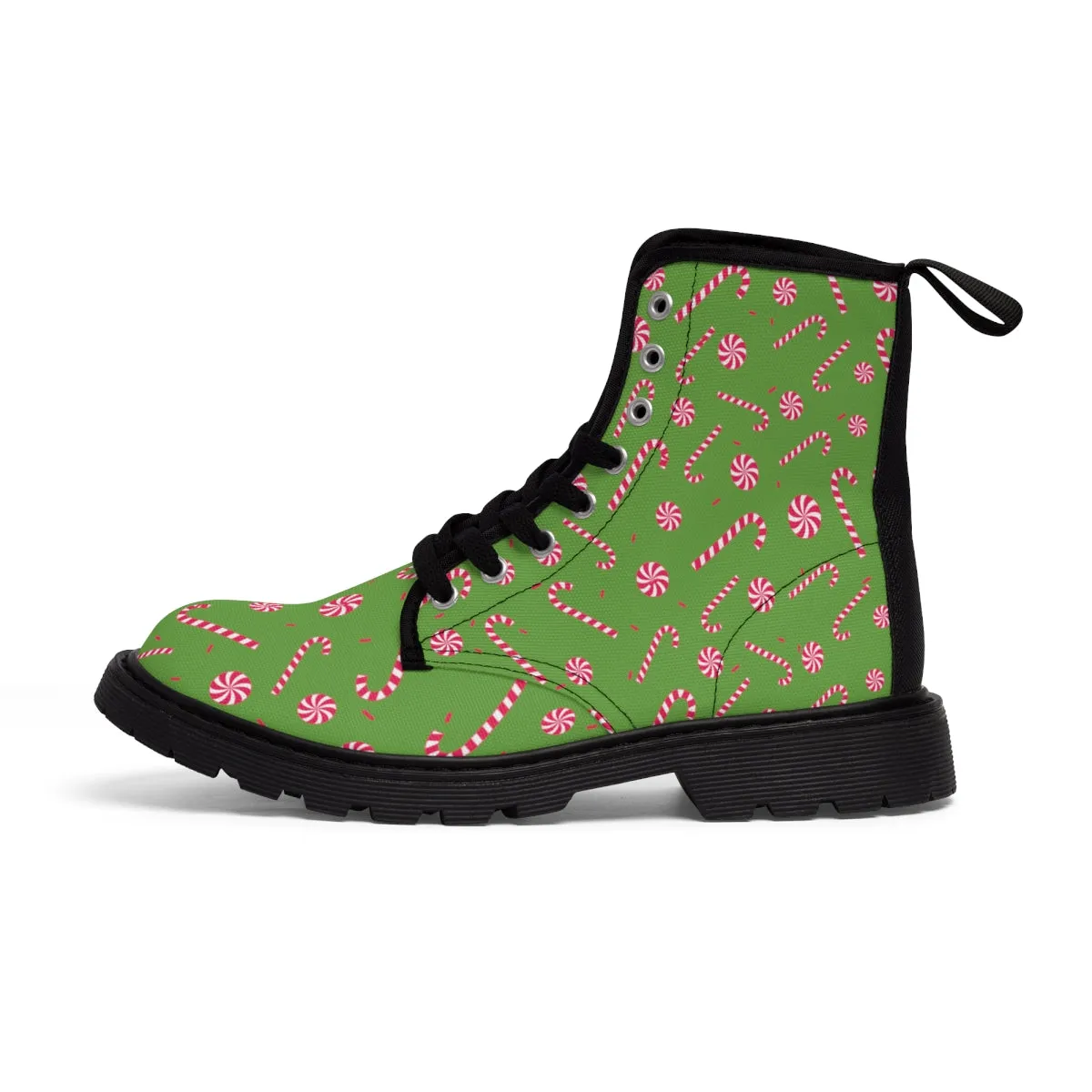 Green Christmas Women's Canvas Boots, Best Red Candy Cane Print Winter Boots For Women (US Size 6.5-11)