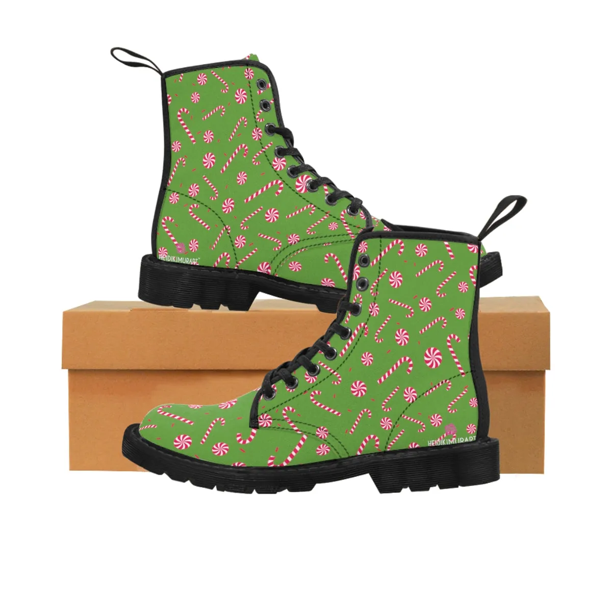 Green Christmas Women's Canvas Boots, Best Red Candy Cane Print Winter Boots For Women (US Size 6.5-11)