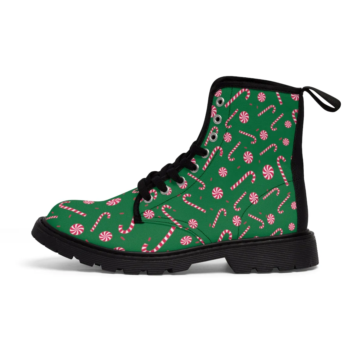 Green Christmas Women's Canvas Boots, Red Candy Cane Print Winter Boots For Women (US Size 6.5-11)