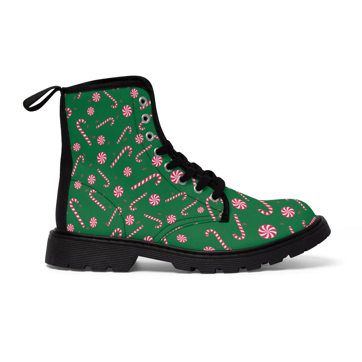 Green Christmas Women's Canvas Boots, Red Candy Cane Print Winter Boots For Women (US Size 6.5-11)