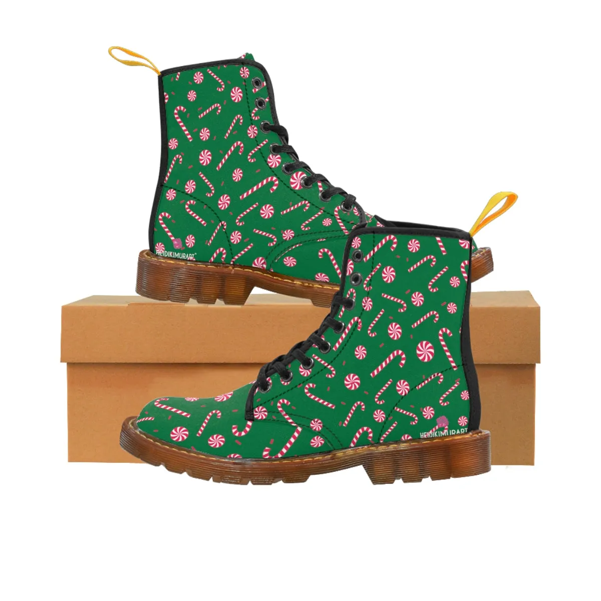 Green Christmas Women's Canvas Boots, Red Candy Cane Print Winter Boots For Women (US Size 6.5-11)