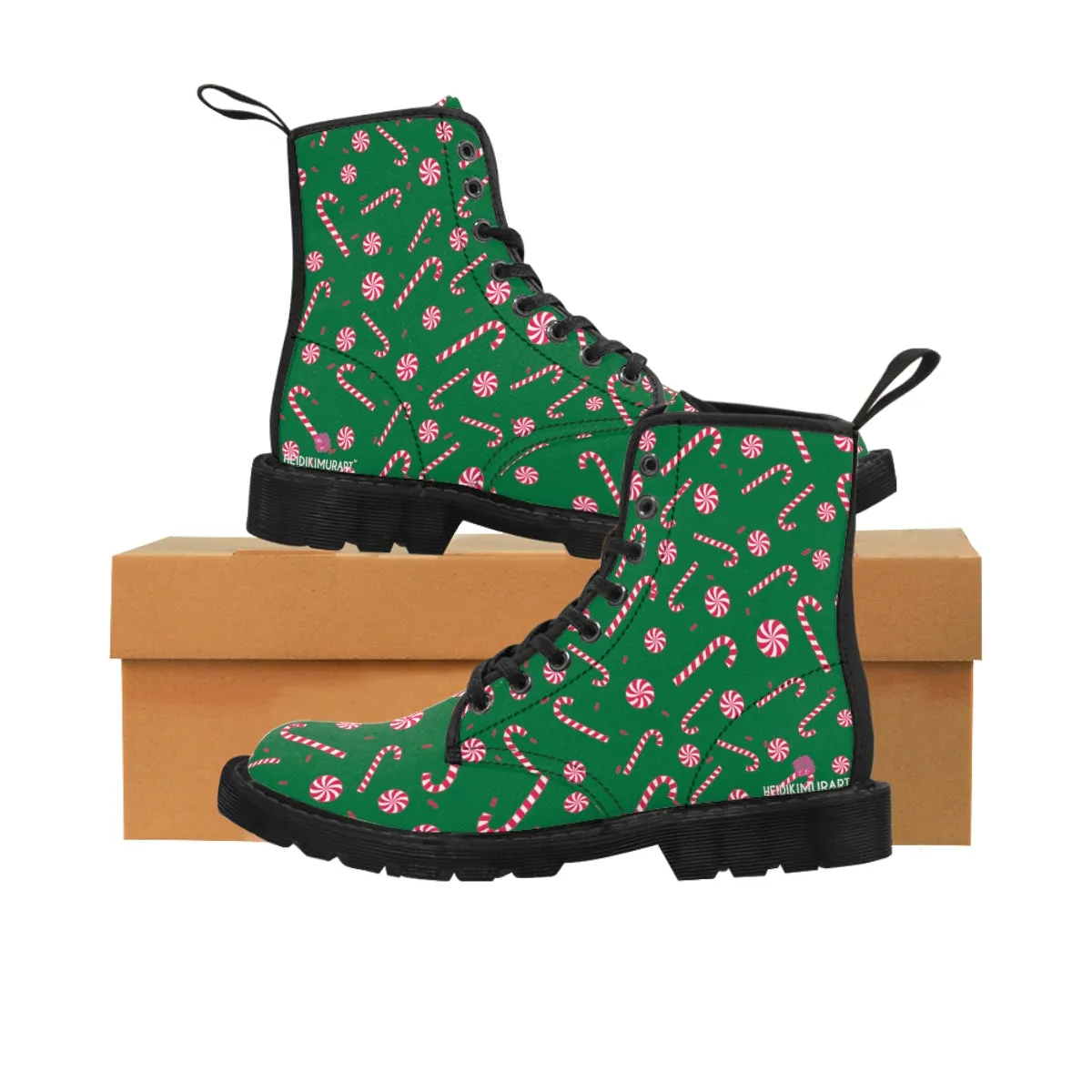 Green Christmas Women's Canvas Boots, Red Candy Cane Print Winter Boots For Women (US Size 6.5-11)