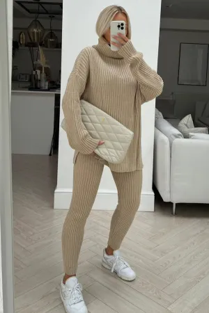 Keevah beige roll neck knitted ribbed coord