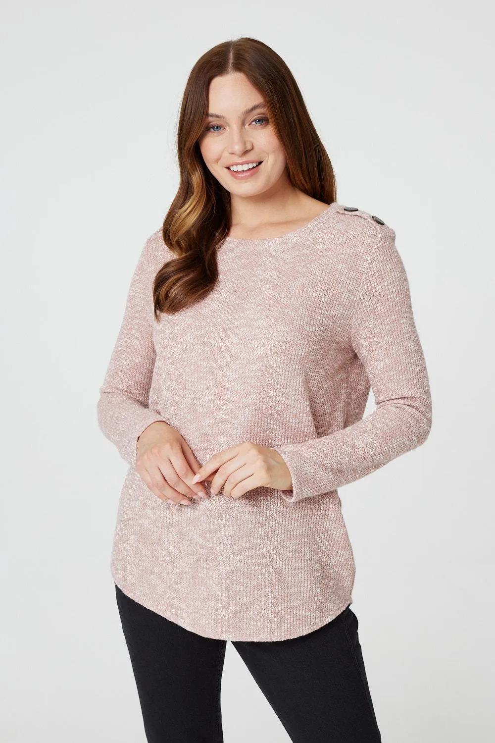 Marled Button Shoulder Ribbed Top