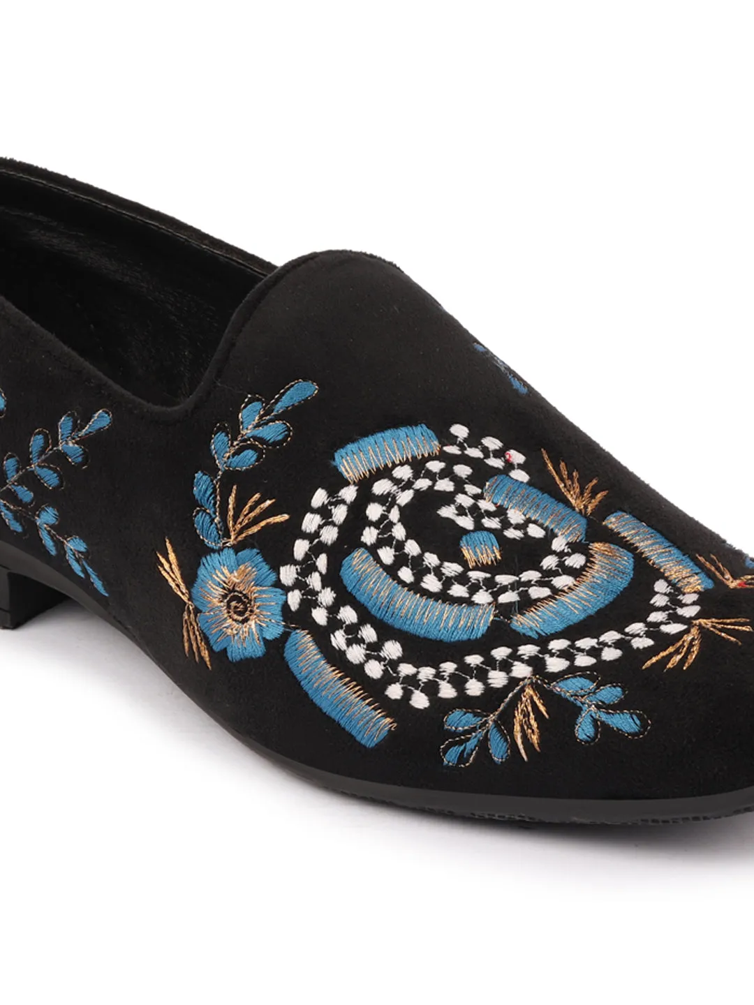 Men Blue Embroidery Floral Print Velvet Party Slip On Loafers Shoes