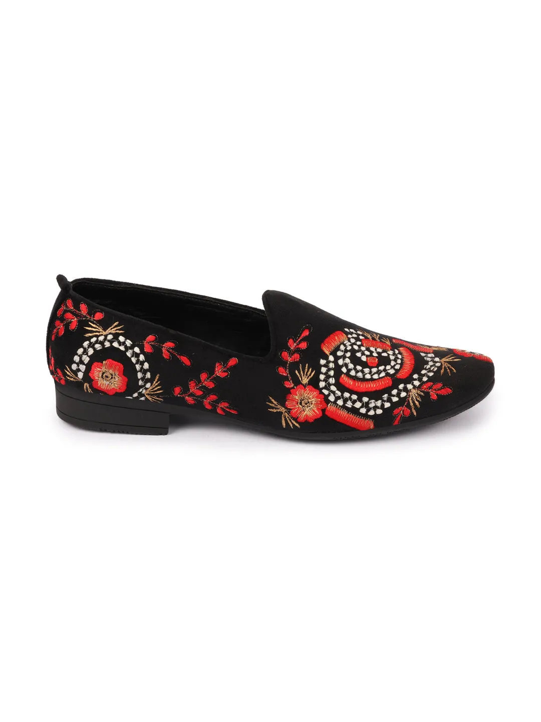 Men Red Embroidery Floral Print Velvet Party Slip On Loafers Shoes