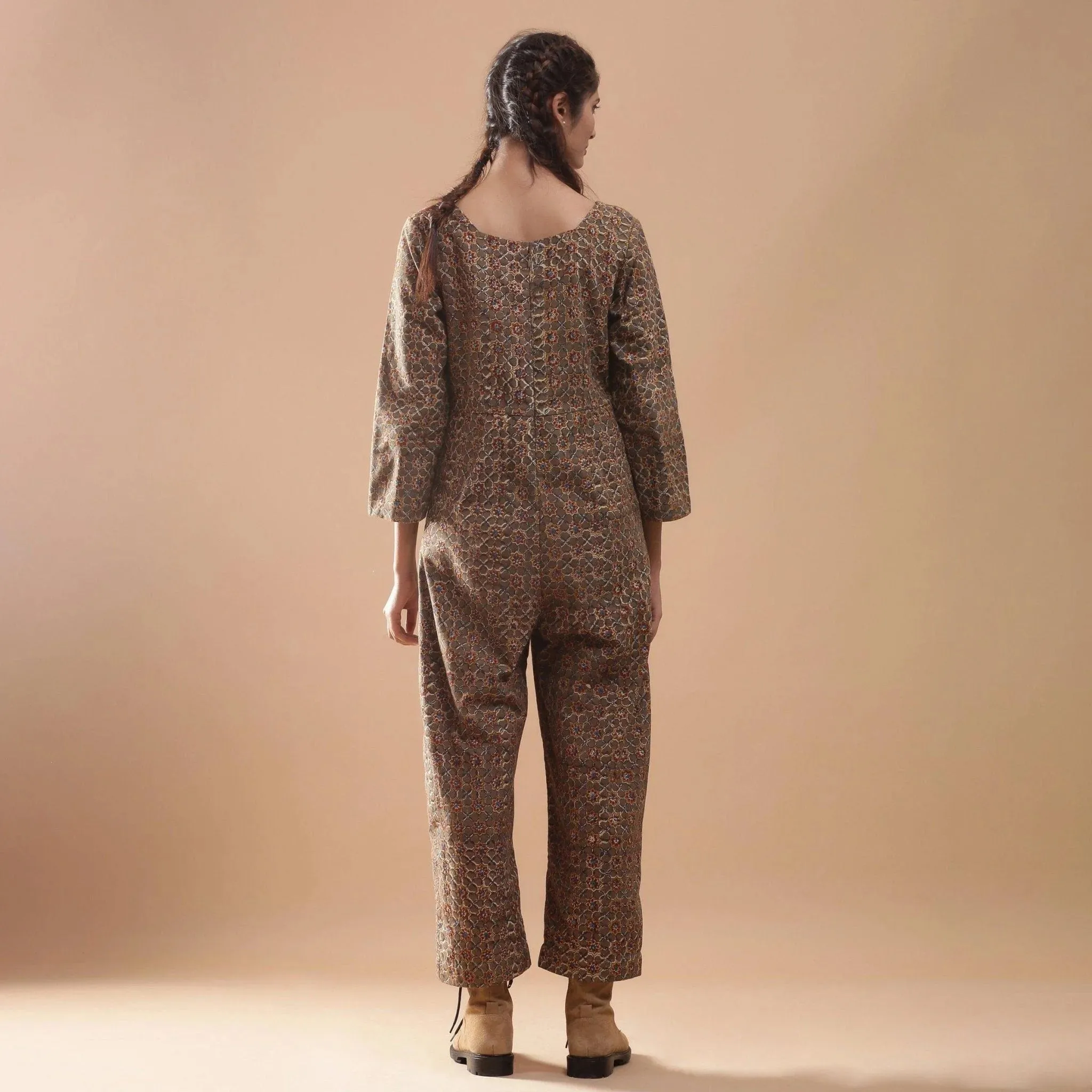 Muddy Green Warm Cotton Kalamkari Block Print Jumpsuit