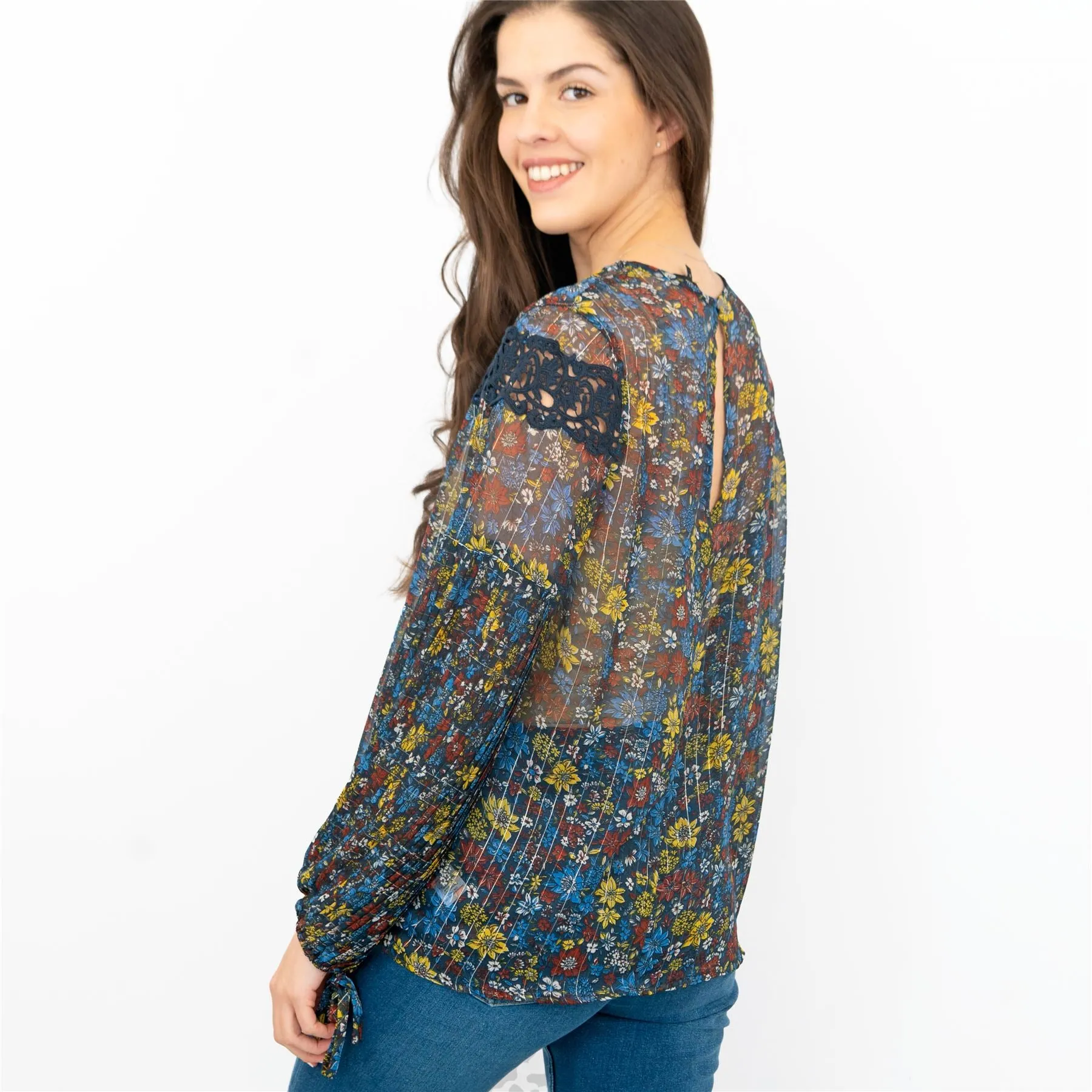 Next Blue Floral with Silver Thread Long Sleeve Lightweight Relaxed Fit Blouses