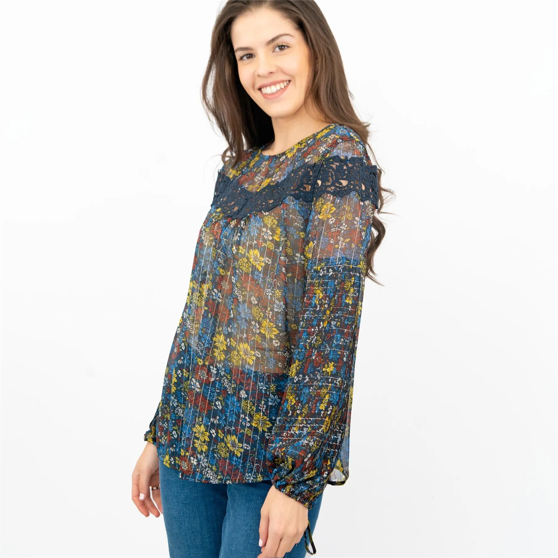 Next Blue Floral with Silver Thread Long Sleeve Lightweight Relaxed Fit Blouses