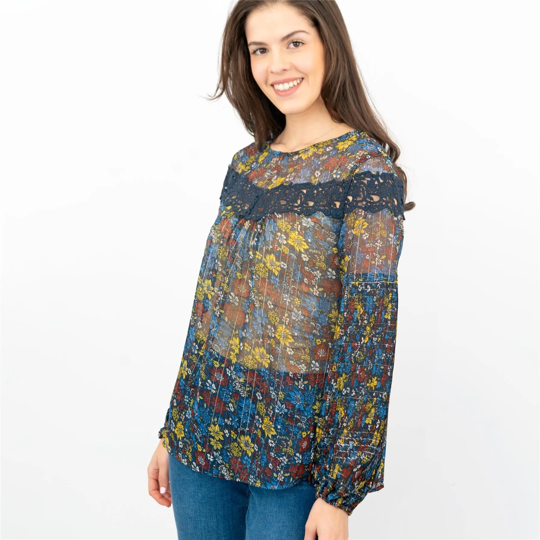 Next Blue Floral with Silver Thread Long Sleeve Lightweight Relaxed Fit Blouses