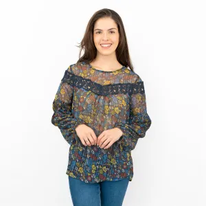 Next Blue Floral with Silver Thread Long Sleeve Lightweight Relaxed Fit Blouses