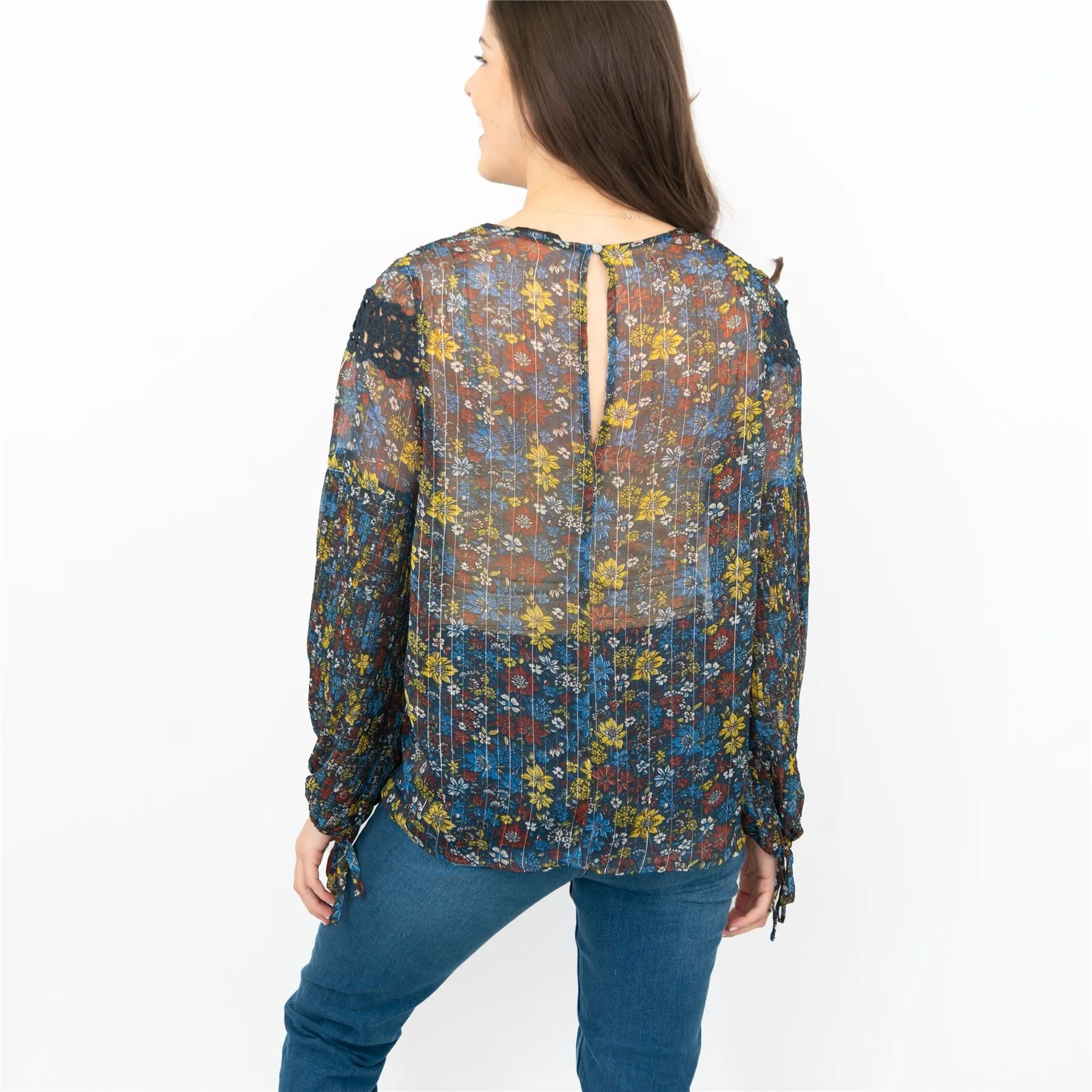 Next Blue Floral with Silver Thread Long Sleeve Lightweight Relaxed Fit Blouses