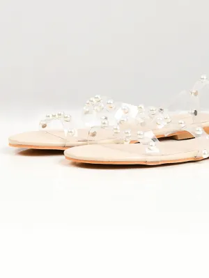 Pearl Studded Sandals - Beige