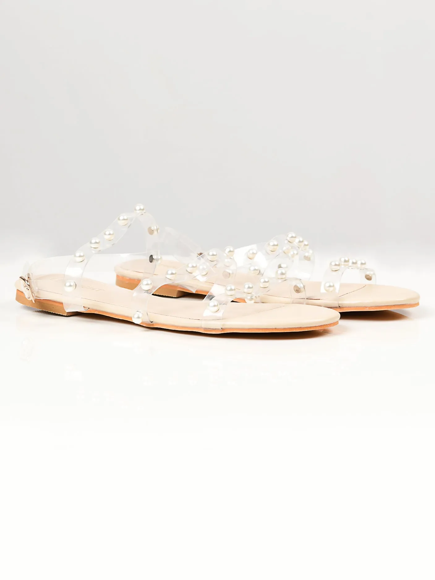 Pearl Studded Sandals - Beige