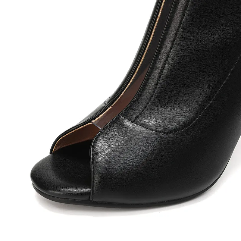 Peep Toe High Heeled Leather Ankle Boots