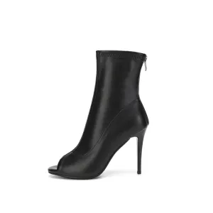 Peep Toe High Heeled Leather Ankle Boots