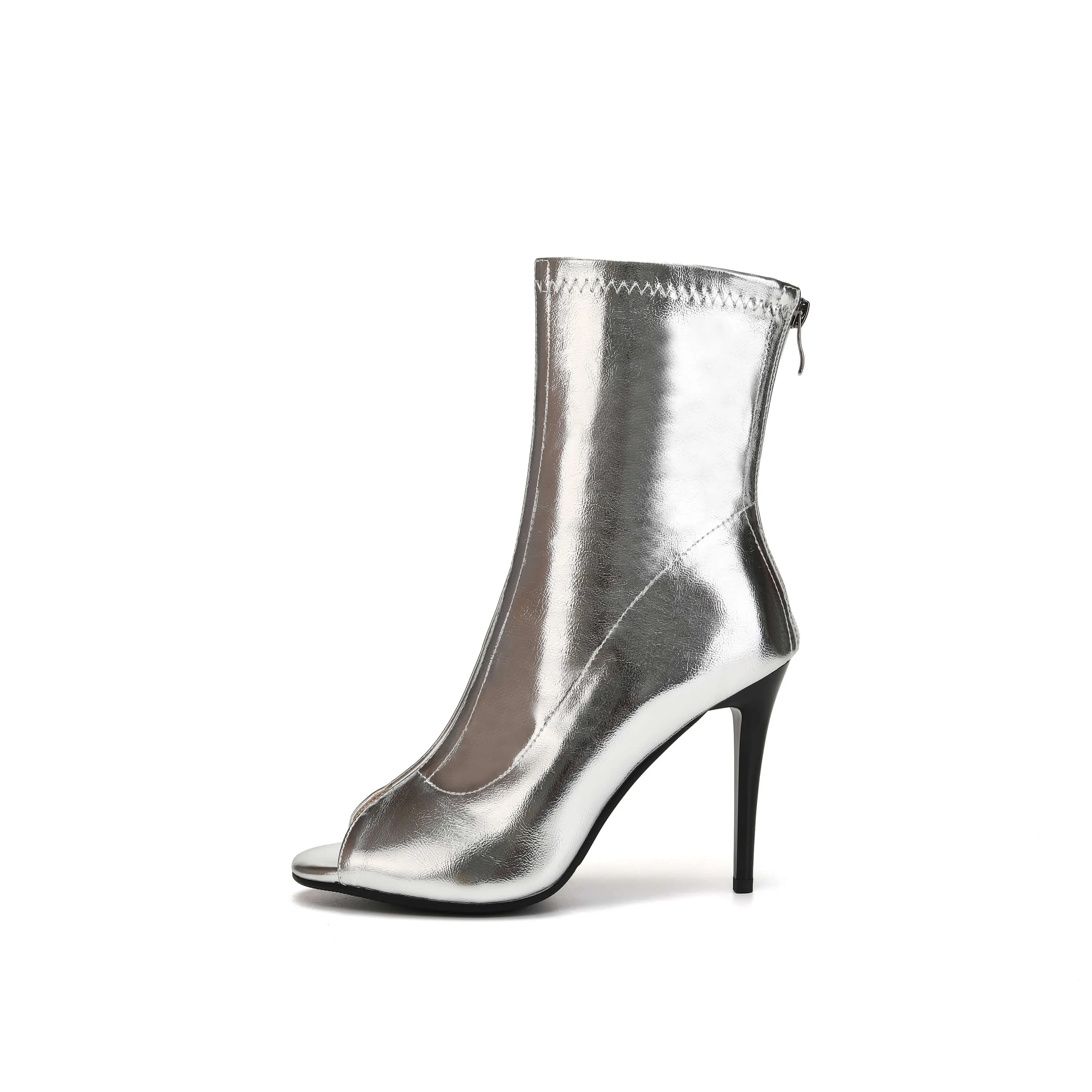 Peep Toe High Heeled Leather Ankle Boots