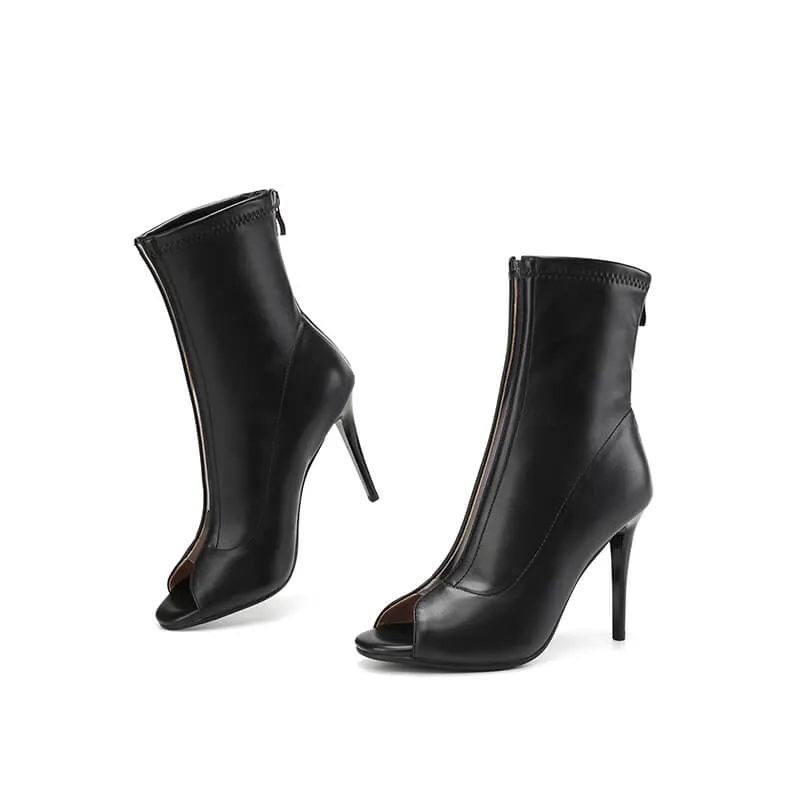 Peep Toe High Heeled Leather Ankle Boots