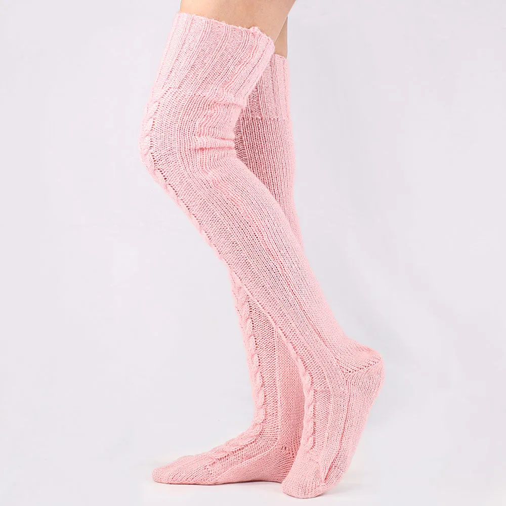 Preppy Style Monochrome Color Thigh High Cable Knit Socks