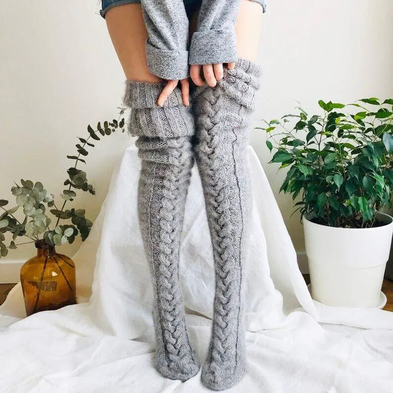 Preppy Style Monochrome Color Thigh High Cable Knit Socks